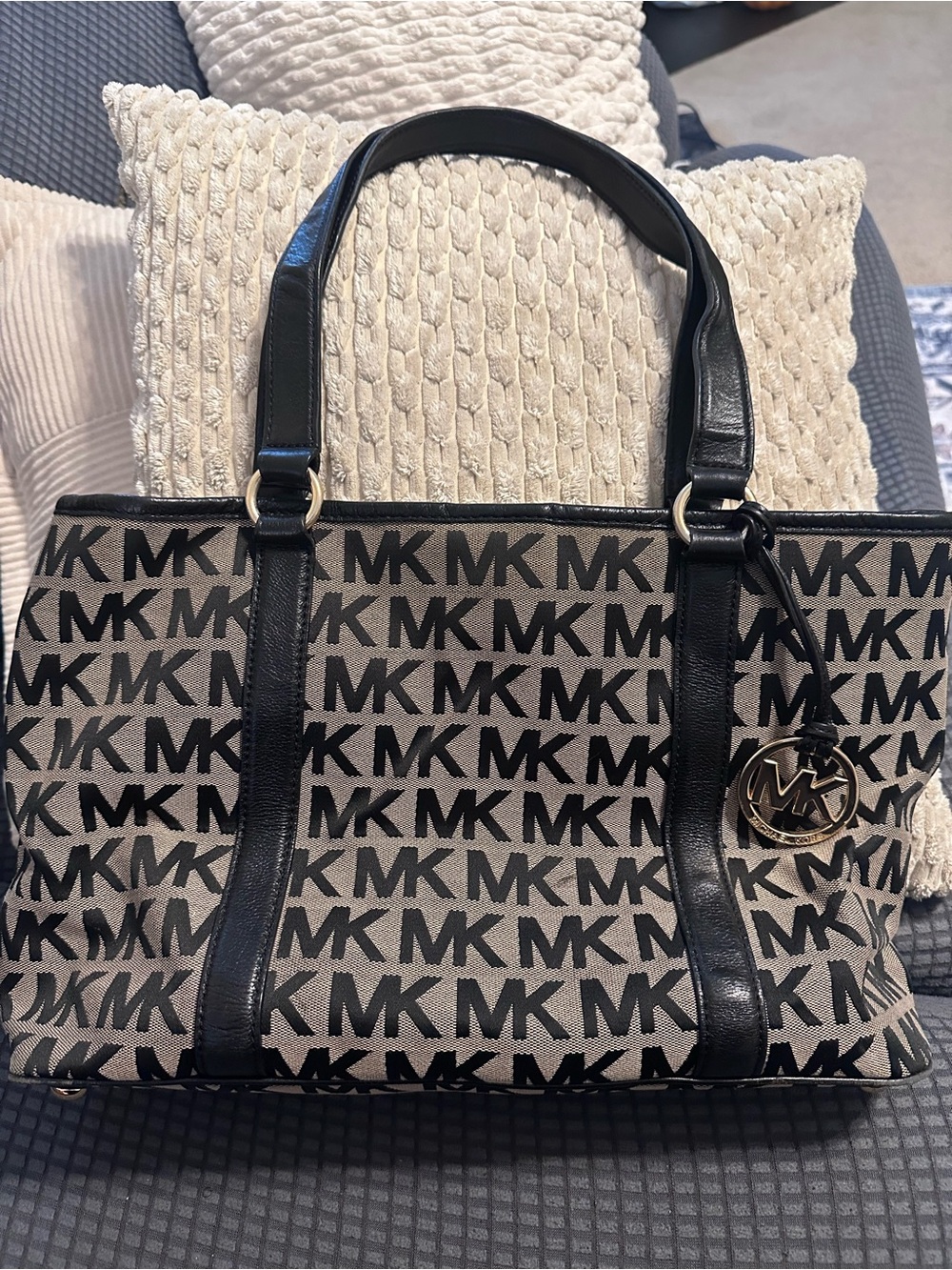 Michael Kors Black and Beige MK Logo Shoulder Tote